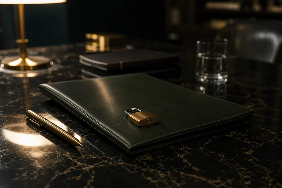 A brass padlock and fountain pen on a closed dark green leather folder on a black marble desk