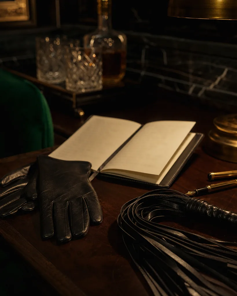 Black leather gloves, an open leather notebook and a fountain pen on a walnut desk beside a coiled flogger