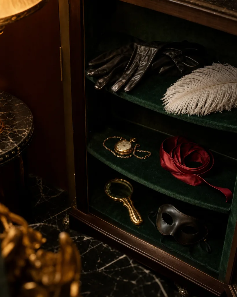 Cabinet of curiosities with latex gloves, feathers, a pocket watch and silk ribbons on velvet shelves
