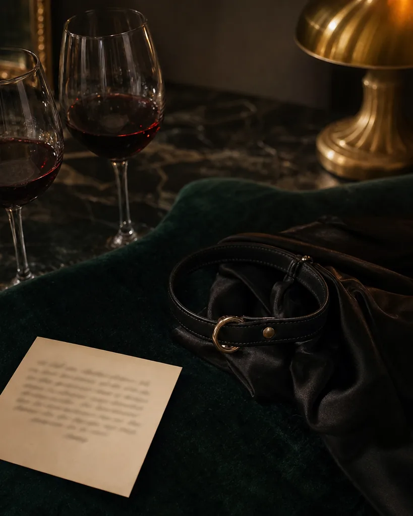 Black leather collar with a brass ring resting on folded black silk beside two wine glasses on dark velvet