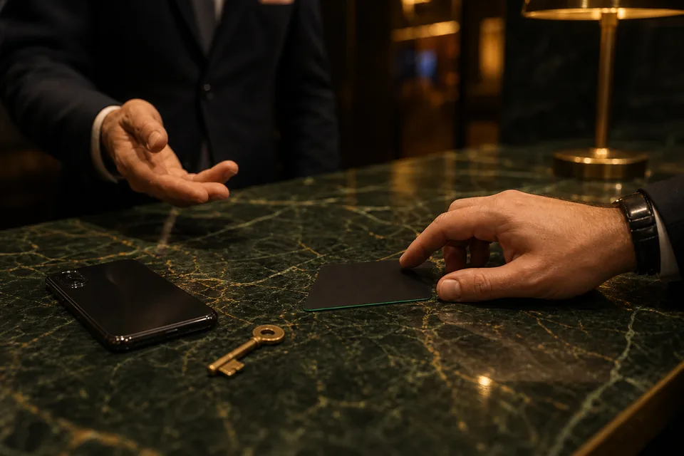 A matte black membership card with an emerald edge on dark green marble beside a brass key and a phone face down