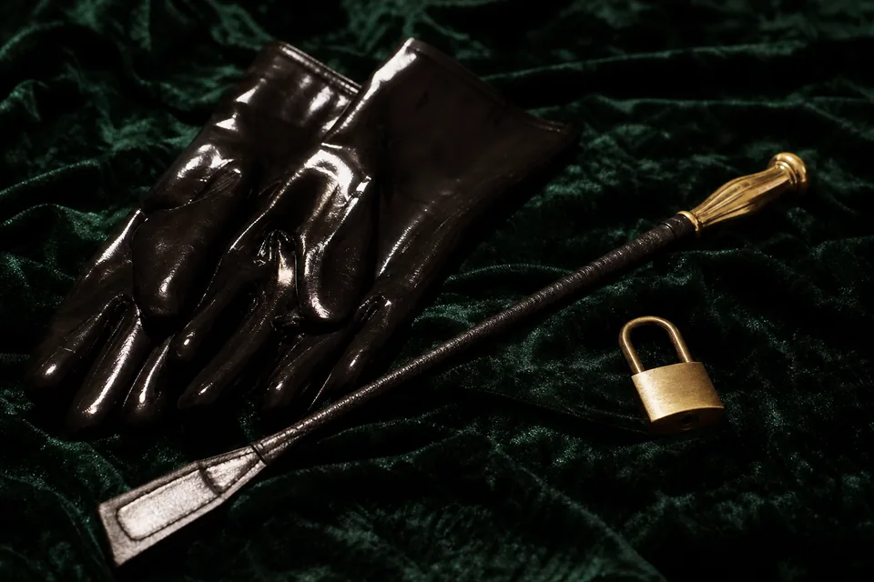 Black latex gloves and a riding crop laid on deep green velvet with brass hardware