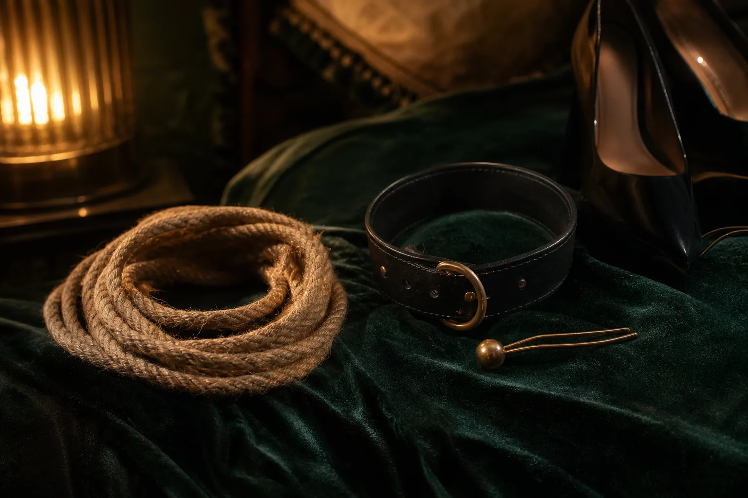 Coil of natural jute rope and a black leather collar on dark green velvet under warm lamp light