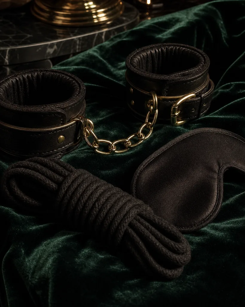Black leather cuffs joined with a silver chain and a coil of soft black rope on dark green velvet