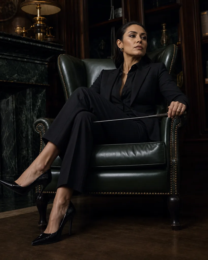 Adult woman in a tailored black suit and heels seated in a leather wingback chair, holding a riding crop across her knees