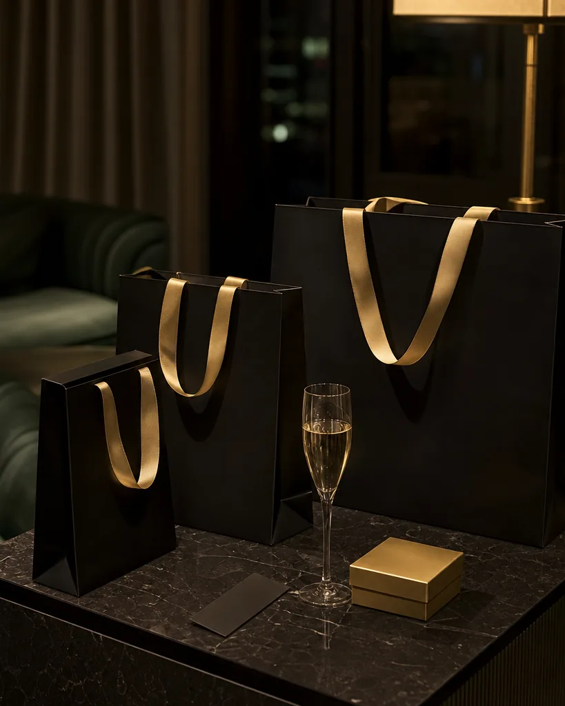 Luxury shopping bags, a black card and a champagne glass on a marble console