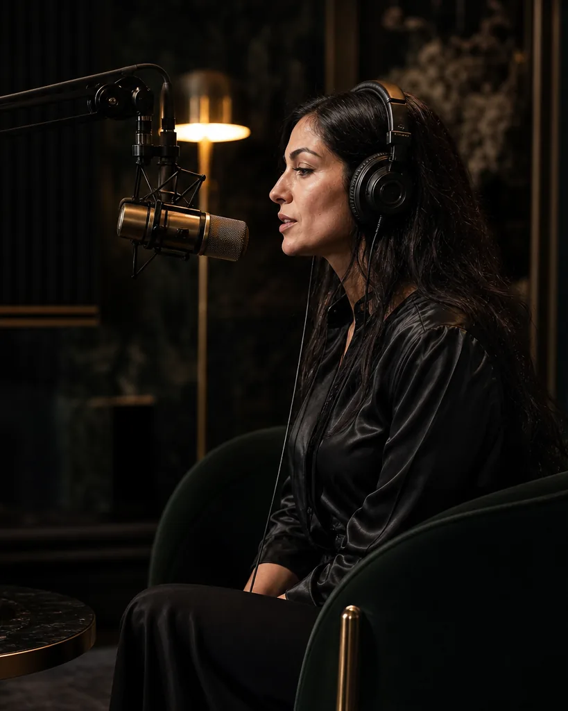 Adult woman in a black satin blouse speaking into a studio microphone with headphones in a dim booth