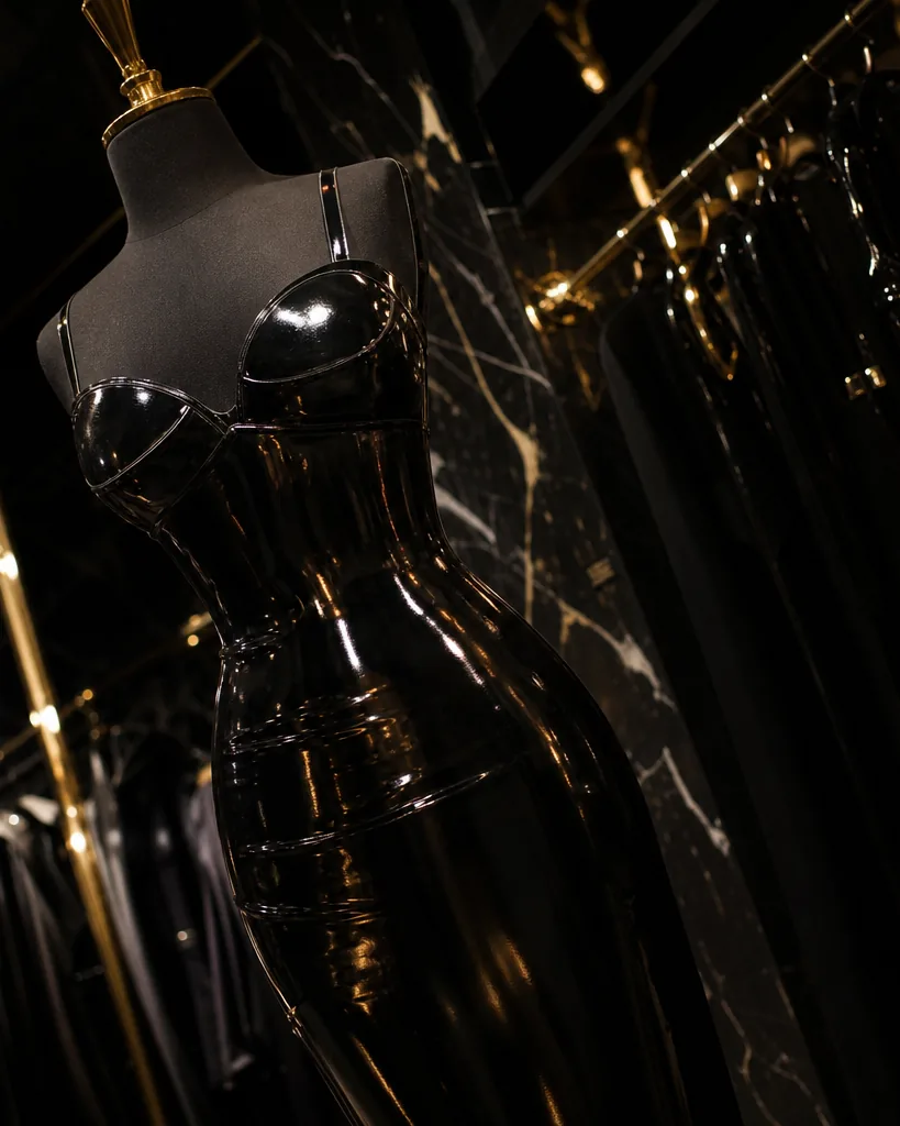 Glossy black latex dress on a tailor mannequin in a dim boutique with brass rails
