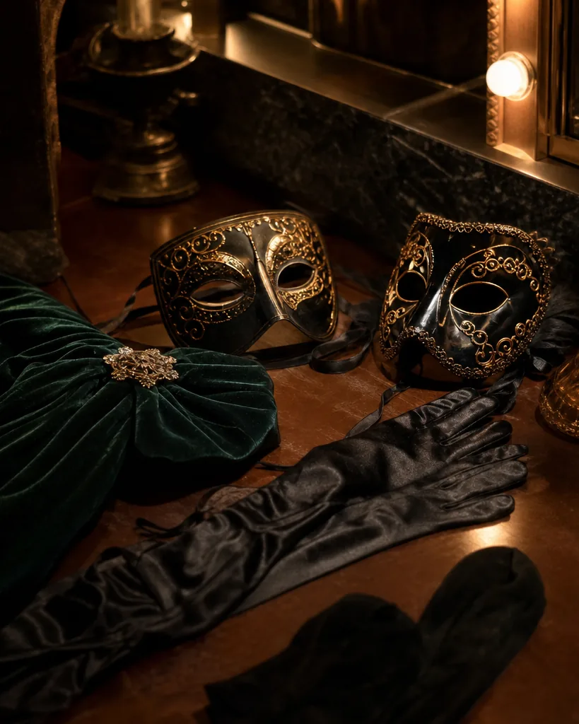 Venetian masks, opera gloves and a velvet cape laid out on a dressing table with a lit mirror