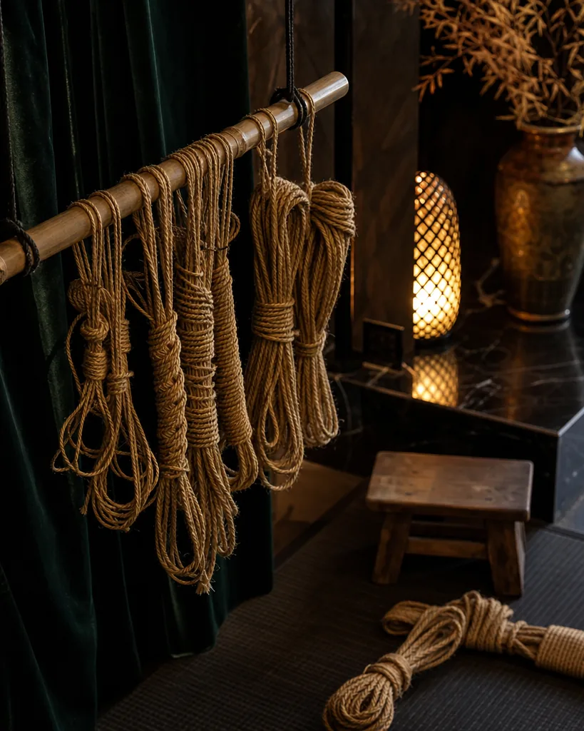Coils of natural jute rope hanging from a bamboo pole above a dark tatami mat in a quiet studio