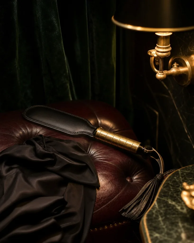 Black leather paddle and a black silk scarf on the seat of a dark chesterfield sofa