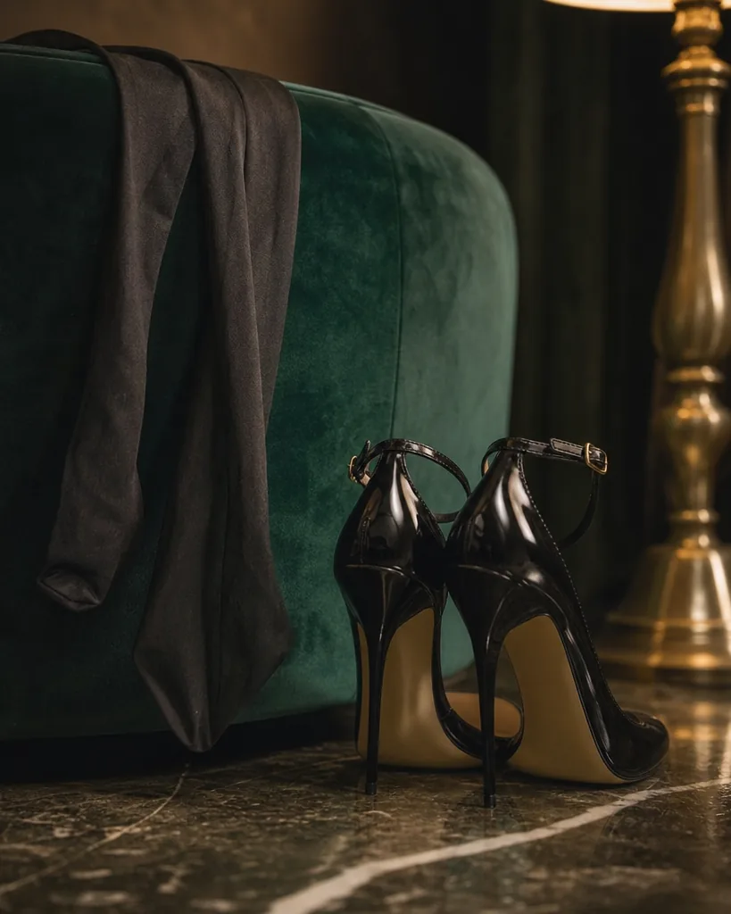 Black stiletto heels with gold buckles and sheer black stockings draped on a deep green velvet ottoman