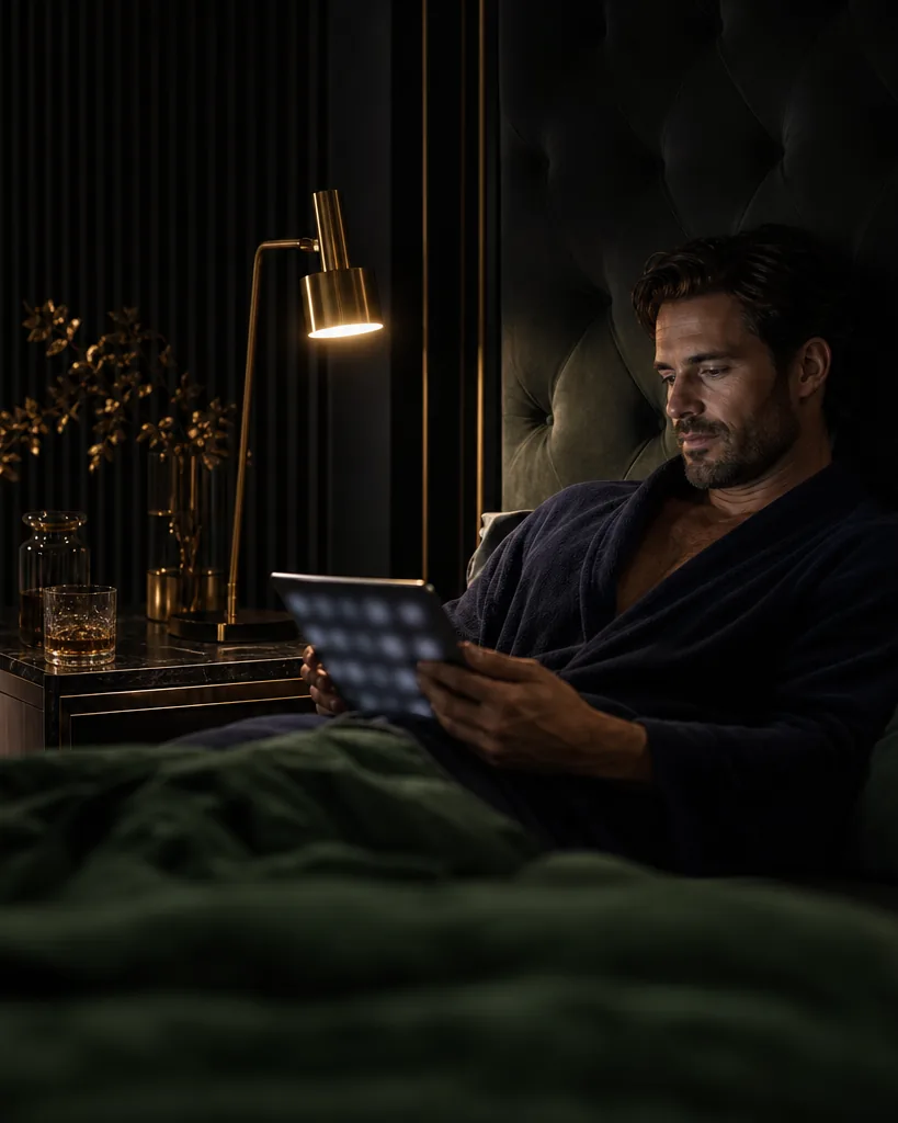 Adult in a dark robe browsing a tablet in bed under a brass reading lamp, screen blurred