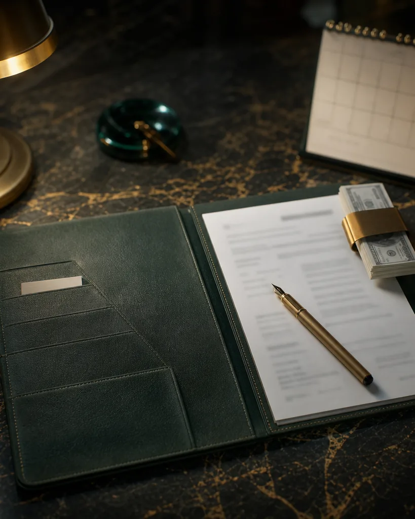 Monthly statement folder, brass fountain pen and a stack of banknotes on a black marble desk