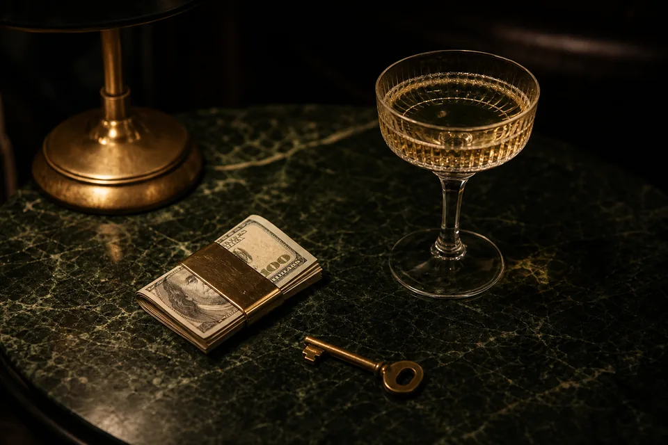 Folded banknotes, a brass key and a champagne glass on dark green marble in low light